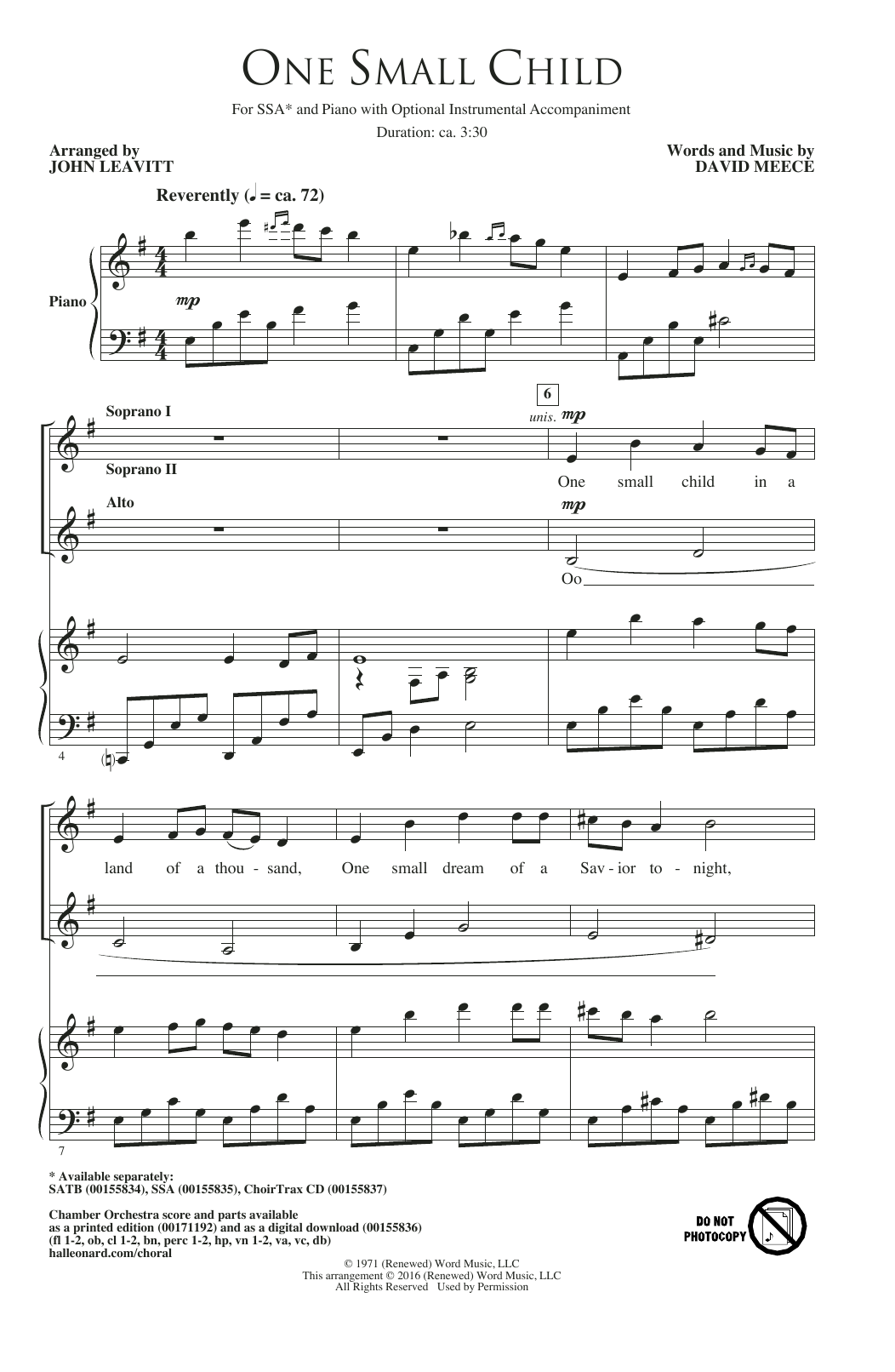 John Leavitt One Small Child sheet music notes and chords arranged for SSA Choir