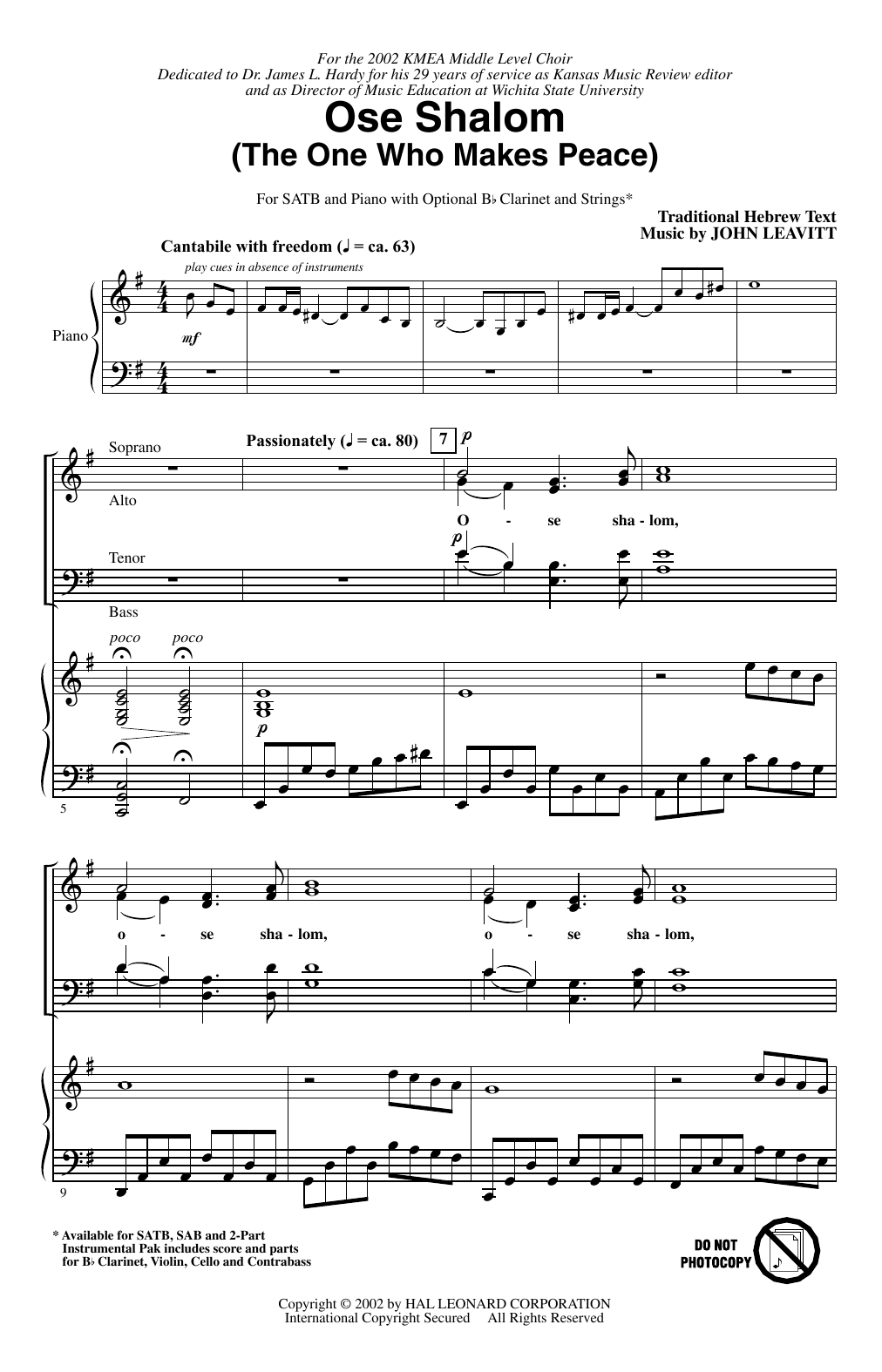 John Leavitt Ose Shalom (The One Who Makes Peace) sheet music notes and chords arranged for SATB Choir