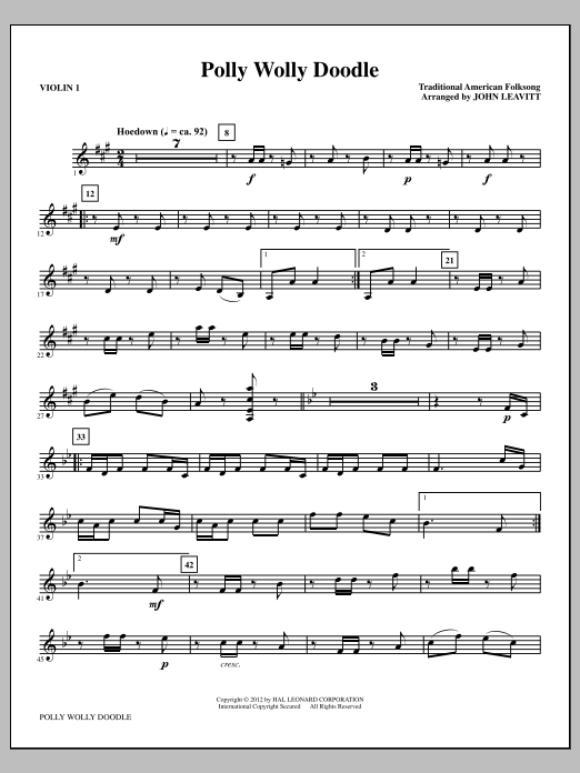 John Leavitt Polly Wolly Doodle - Violin 1 sheet music notes and chords arranged for Choir Instrumental Pak