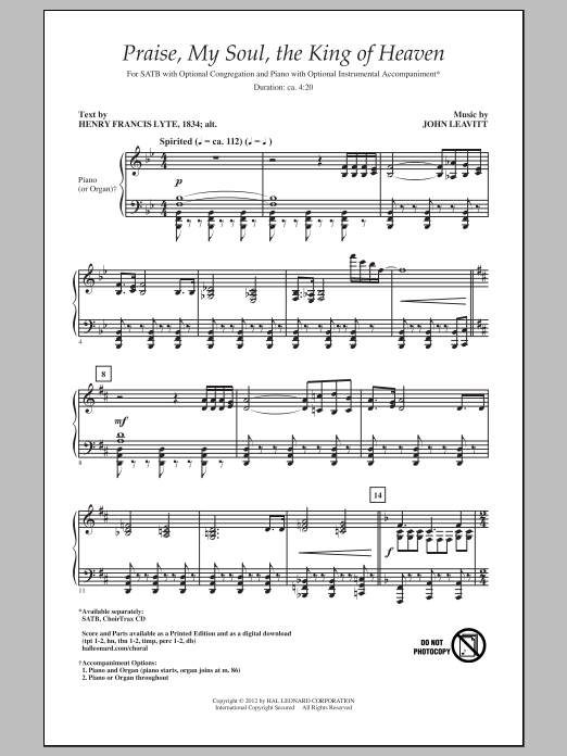 John Leavitt Praise My Soul, The King Of Heaven sheet music notes and chords arranged for SATB Choir