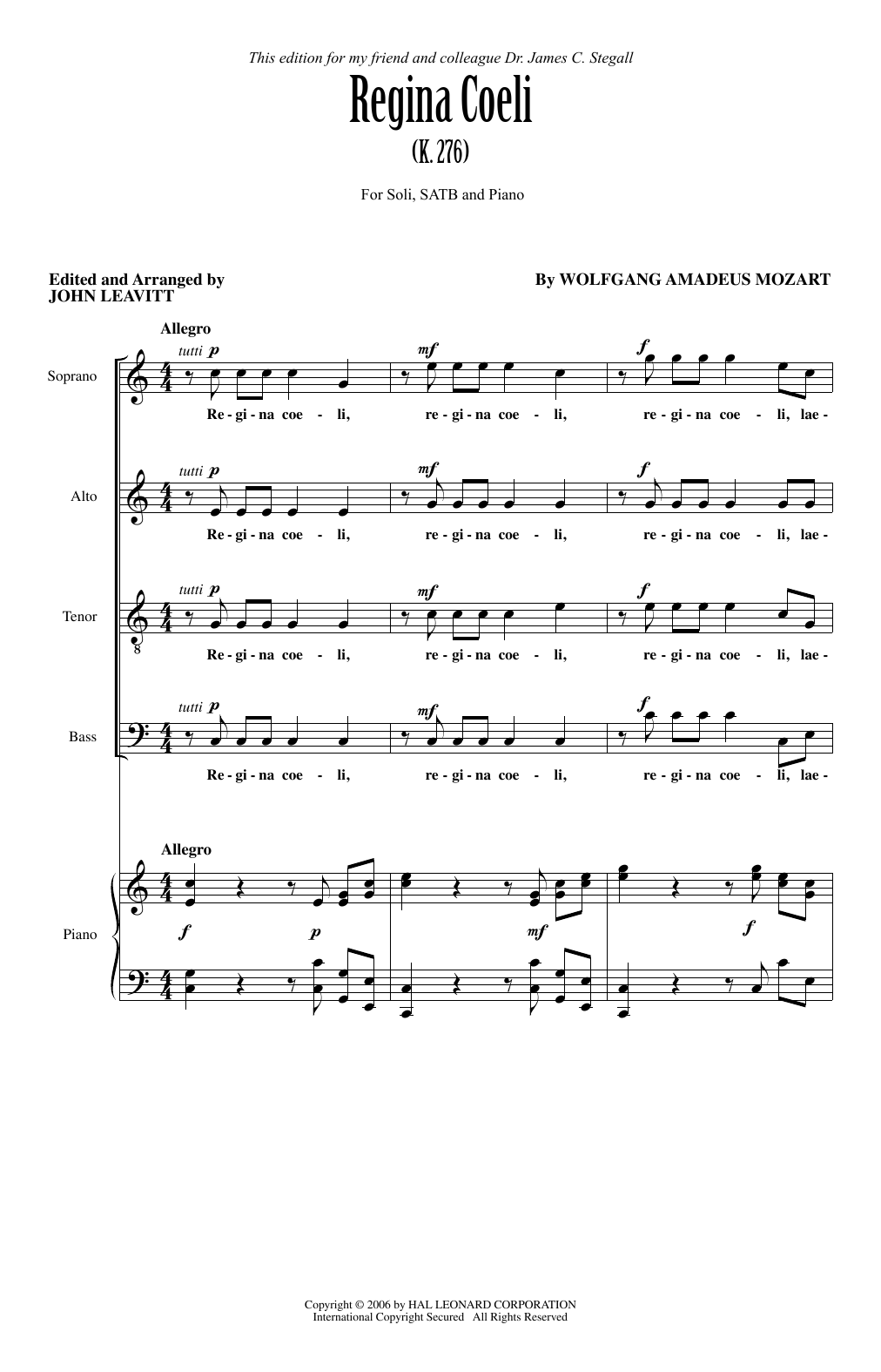 John Leavitt Regina Coeli KV276 sheet music notes and chords arranged for SATB Choir
