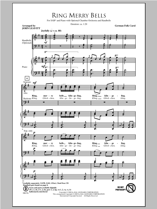 John Leavitt Ring Merry Bells sheet music notes and chords arranged for 2-Part Choir