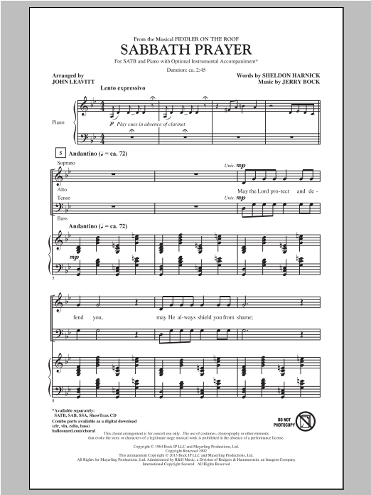 John Leavitt Sabbath Prayer (from Fiddler On The Roof) sheet music notes and chords arranged for SATB Choir