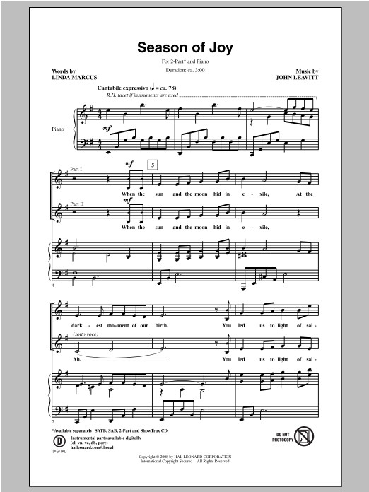 John Leavitt Season Of Joy sheet music notes and chords arranged for 2-Part Choir