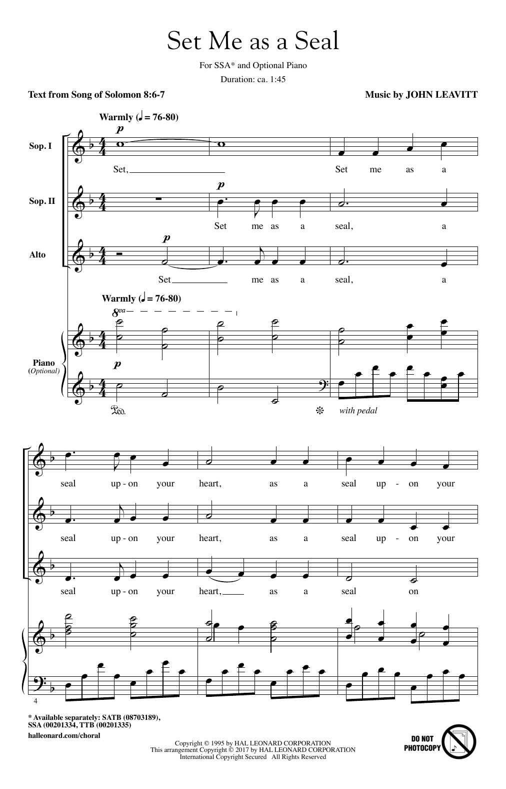 John Leavitt Set Me As A Seal sheet music notes and chords arranged for SATB Choir