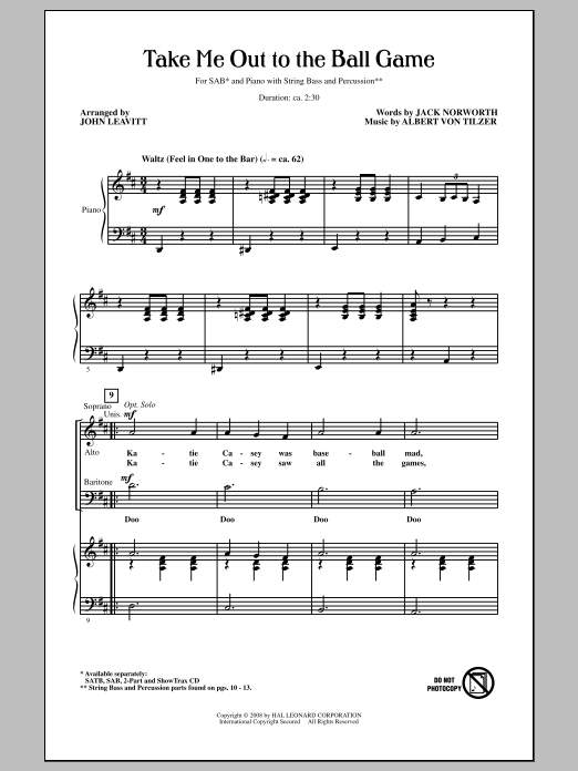 John Leavitt Take Me Out To The Ball Game sheet music notes and chords arranged for 2-Part Choir