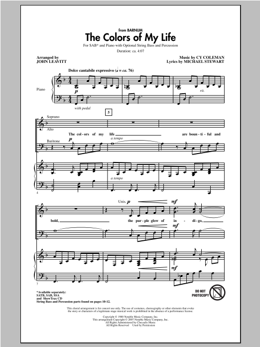 John Leavitt The Colors Of My Life sheet music notes and chords arranged for SAB Choir