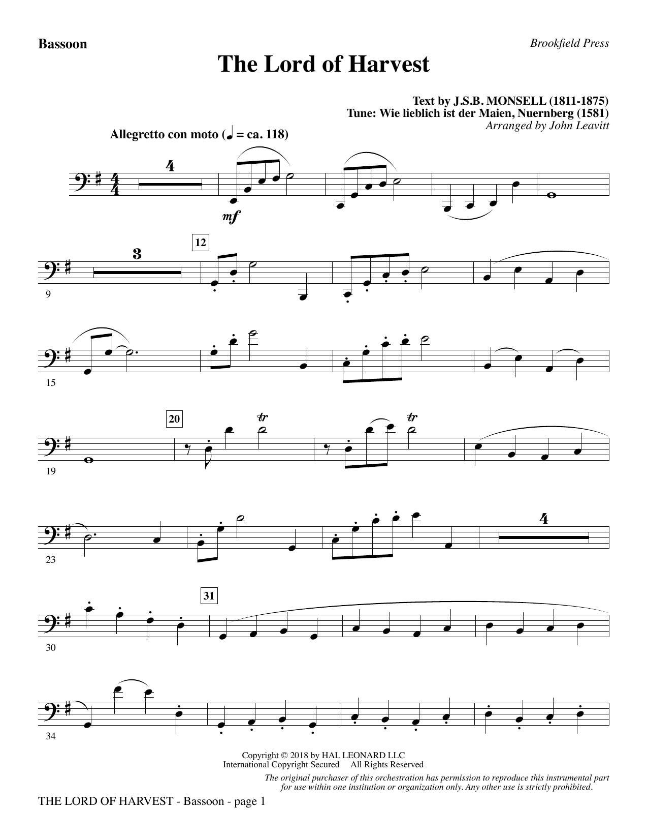 John Leavitt The Lord of Harvest - Bassoon sheet music notes and chords arranged for Choir Instrumental Pak