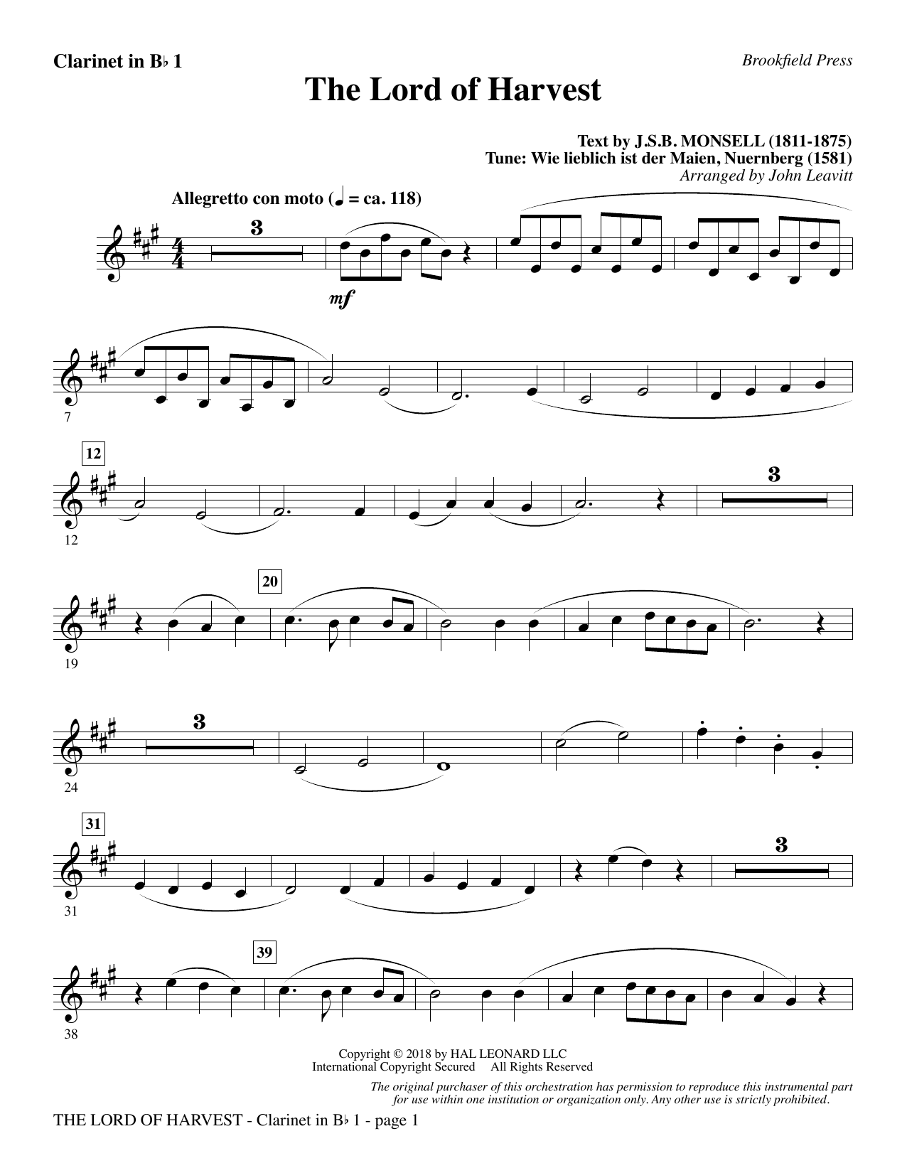 John Leavitt The Lord of Harvest - Bb Clarinet 1 sheet music notes and chords arranged for Choir Instrumental Pak
