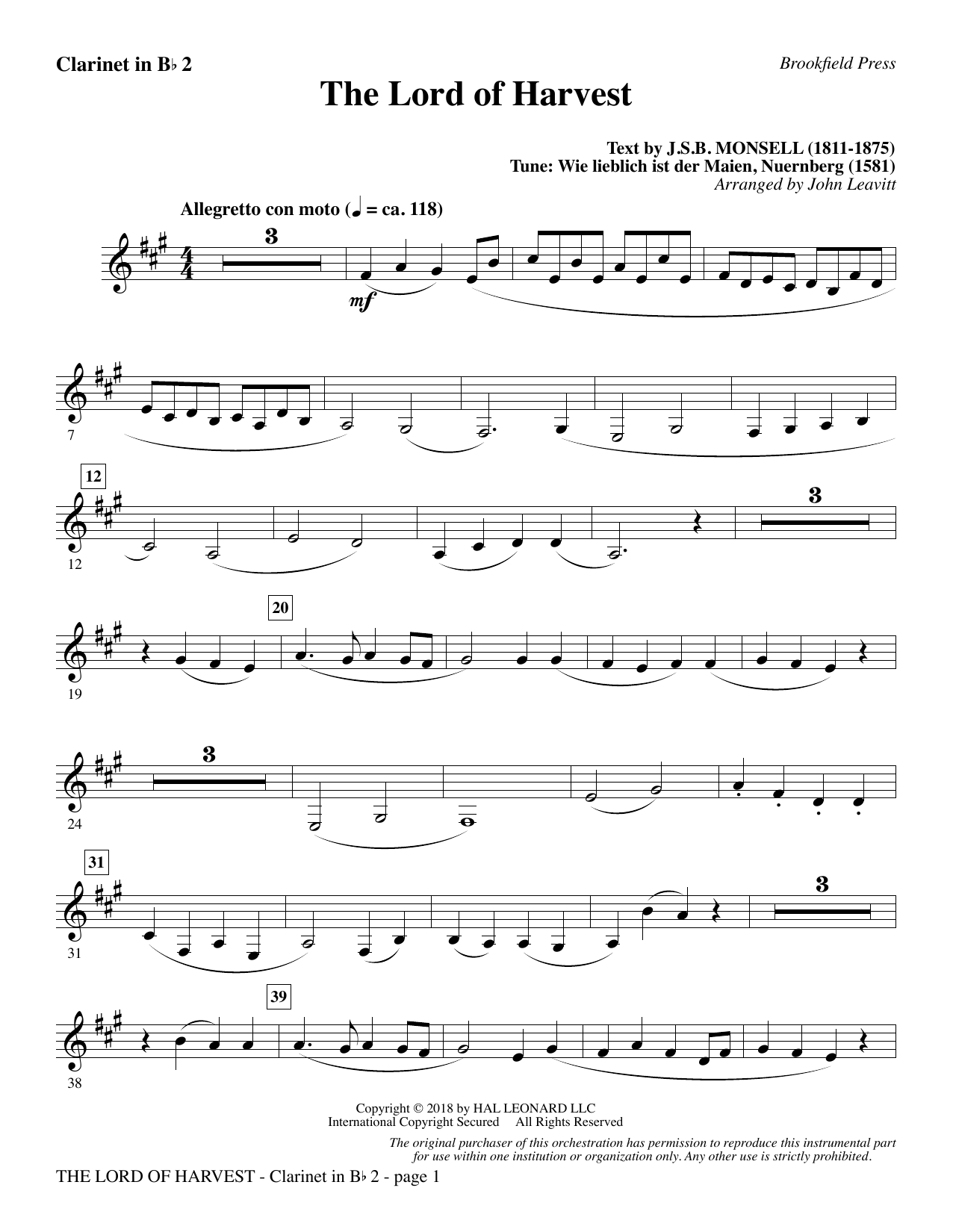 John Leavitt The Lord of Harvest - Bb Clarinet 2 sheet music notes and chords arranged for Choir Instrumental Pak