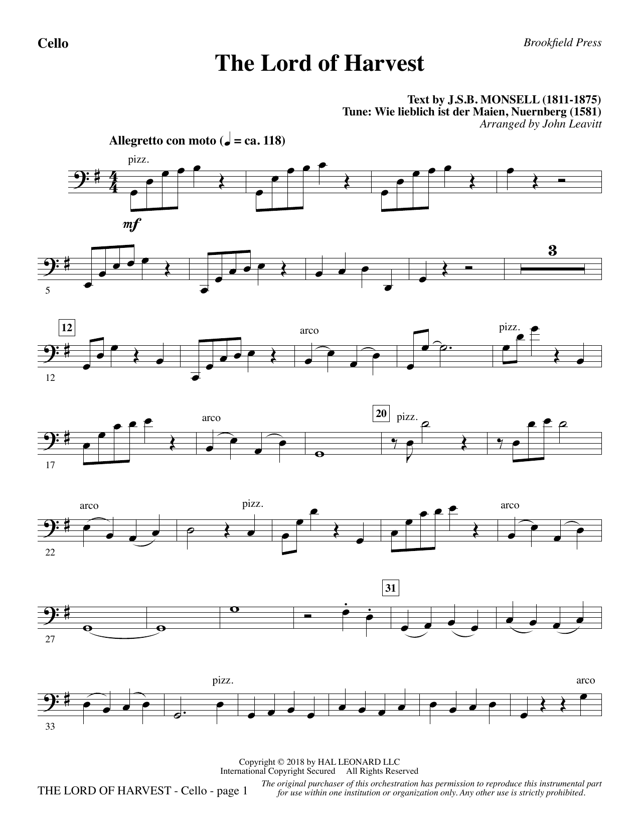 John Leavitt The Lord of Harvest - Cello sheet music notes and chords arranged for Choir Instrumental Pak