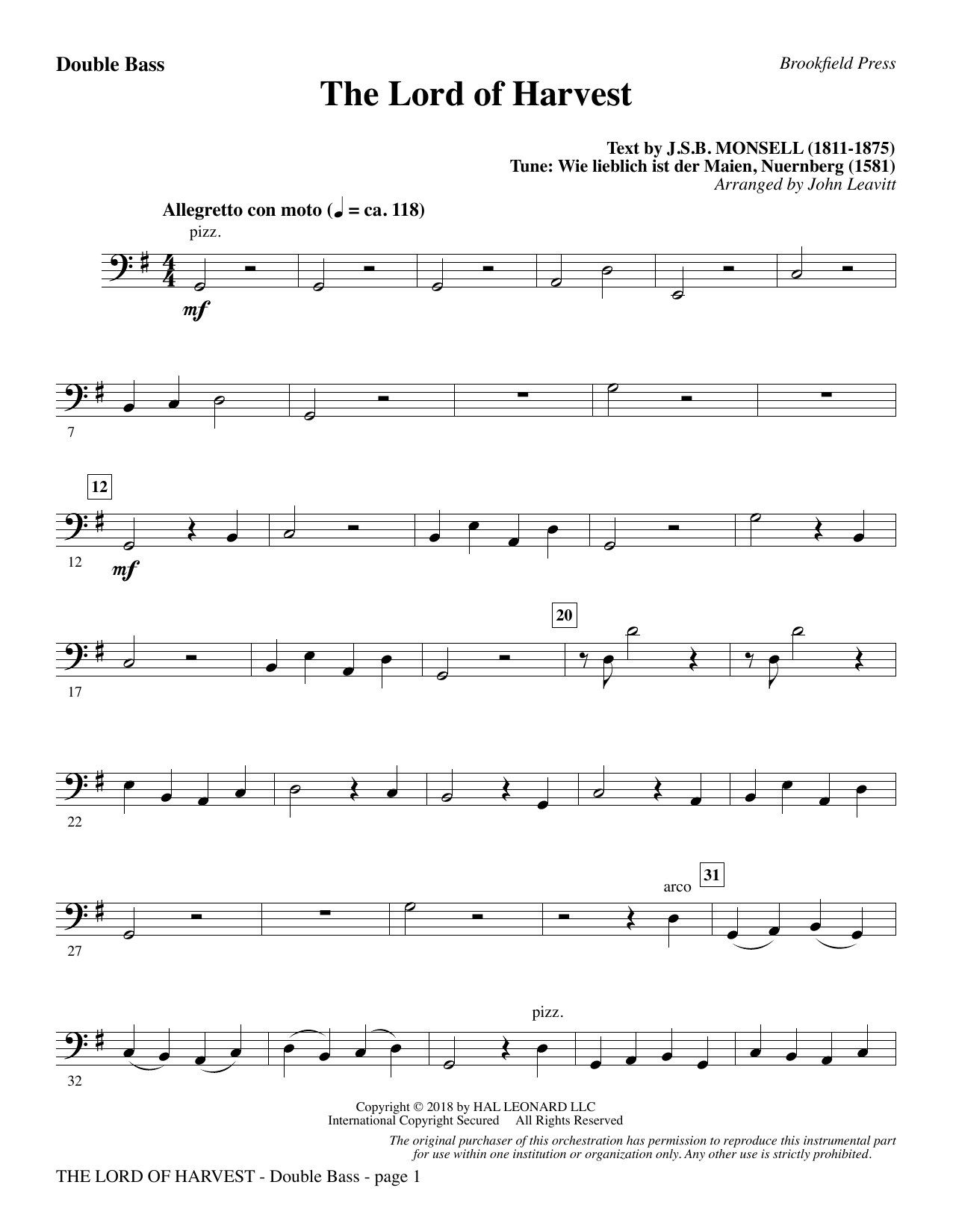 John Leavitt The Lord of Harvest - Double Bass sheet music notes and chords arranged for Choir Instrumental Pak