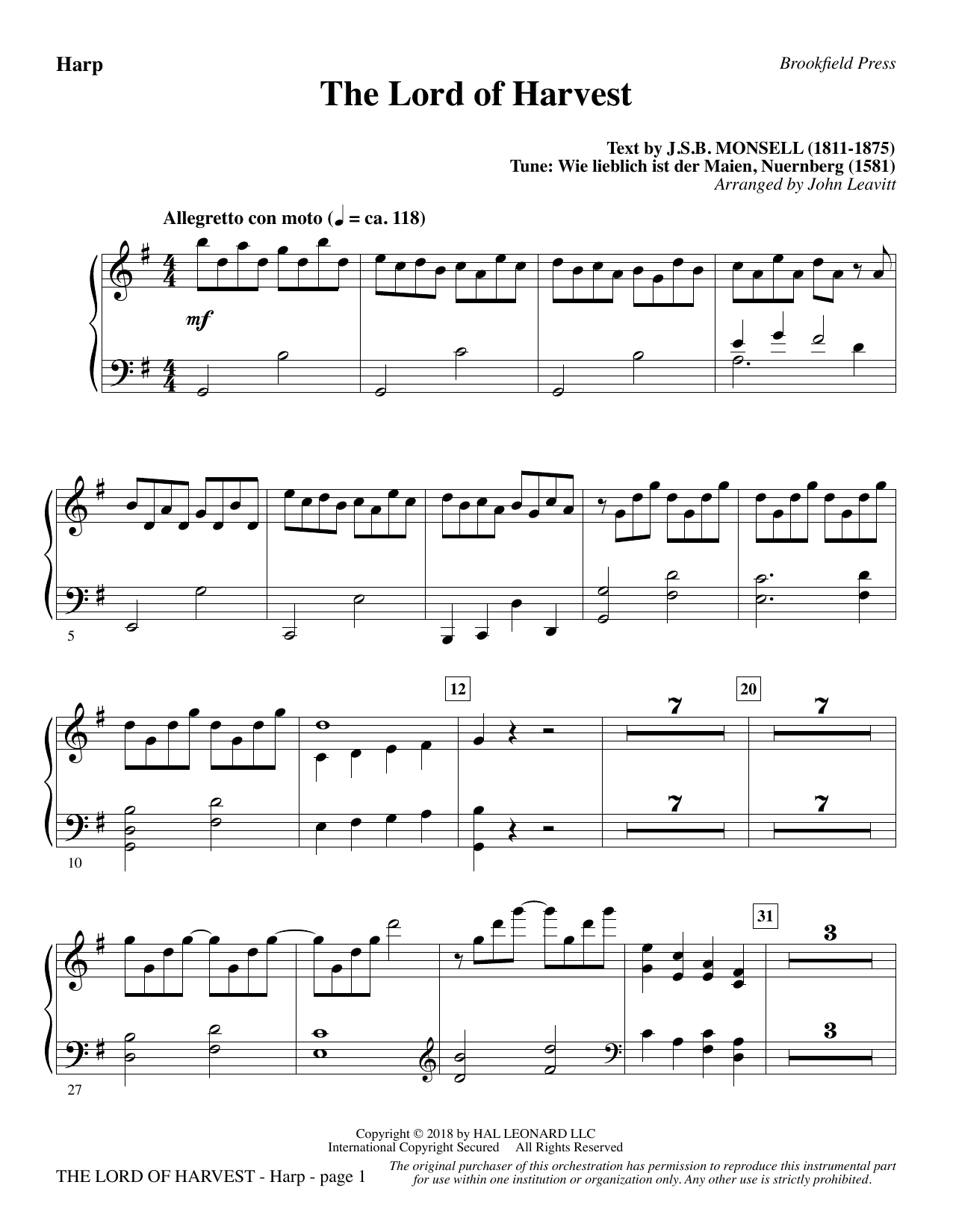 John Leavitt The Lord of Harvest - Harp sheet music notes and chords arranged for Choir Instrumental Pak