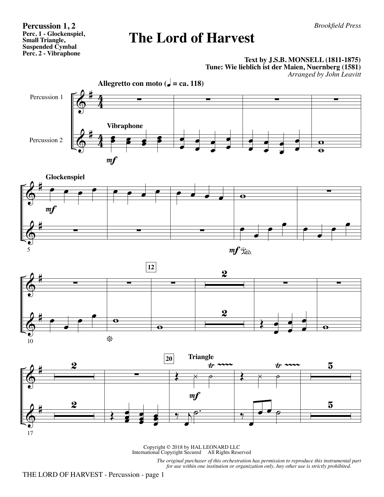 John Leavitt The Lord of Harvest - Percussion 1 & 2 sheet music notes and chords arranged for Choir Instrumental Pak