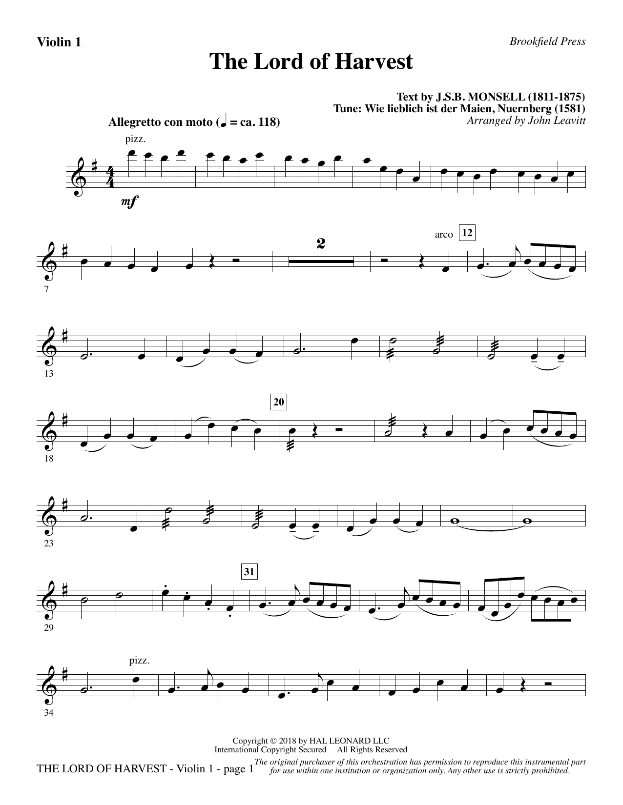 John Leavitt The Lord of Harvest - Violin 1 sheet music notes and chords arranged for Choir Instrumental Pak