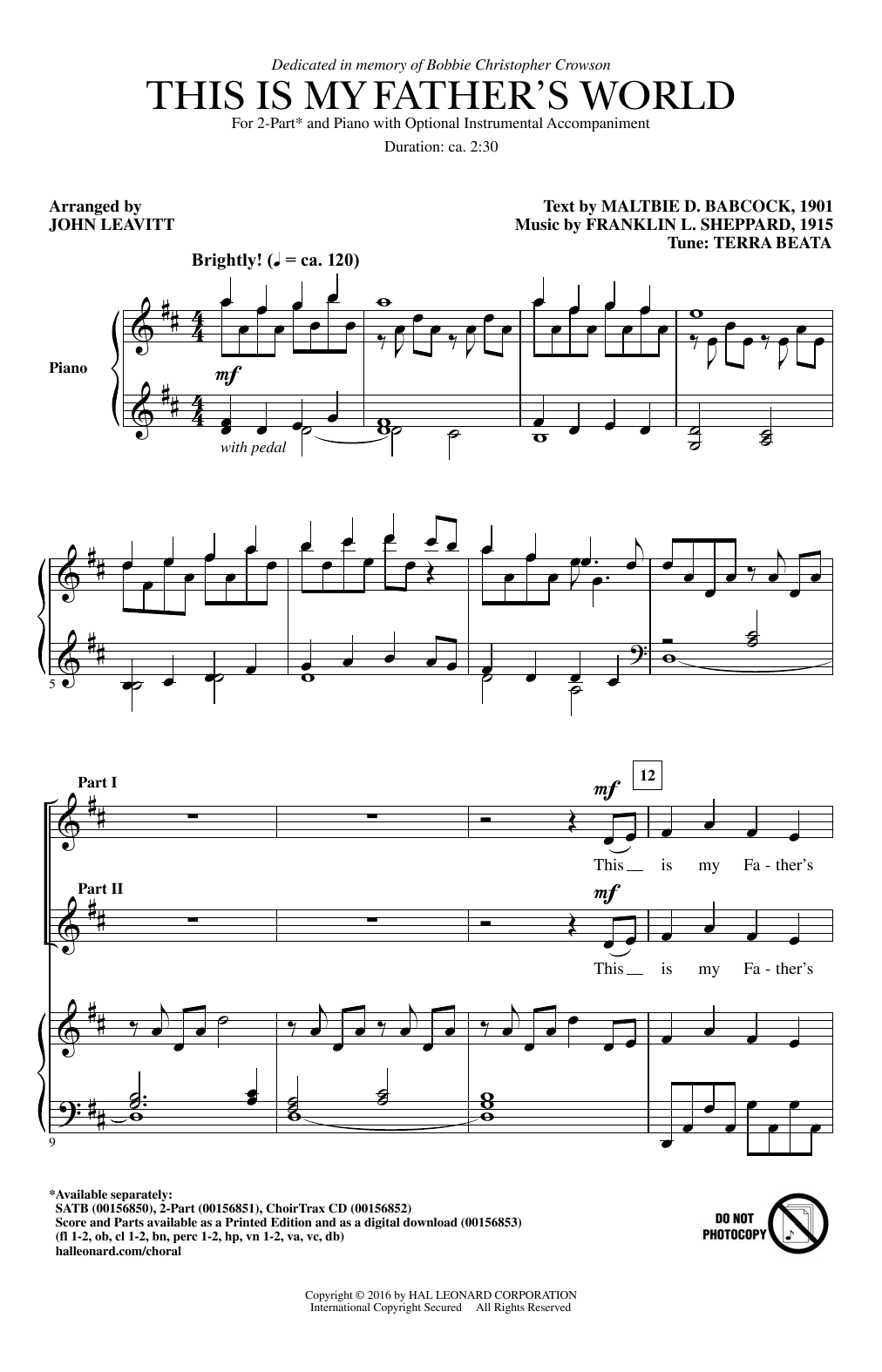 John Leavitt This Is My Father's World sheet music notes and chords arranged for 2-Part Choir