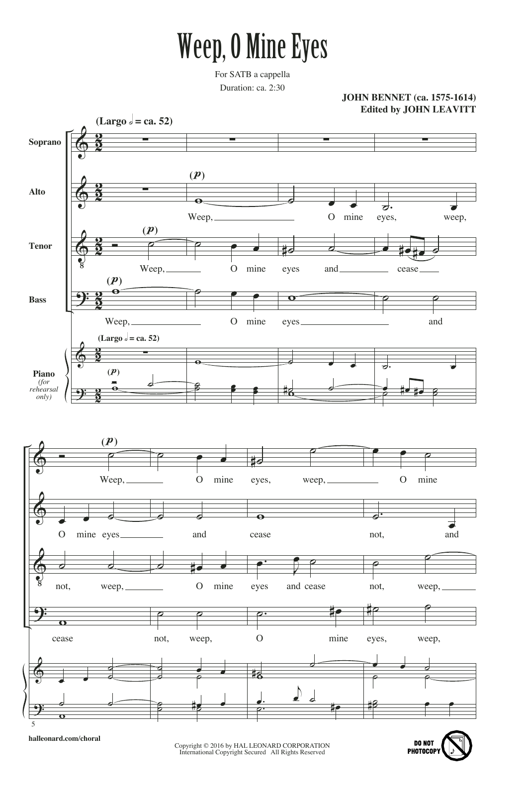 John Leavitt Weep, O Mine Eyes sheet music notes and chords arranged for SATB Choir