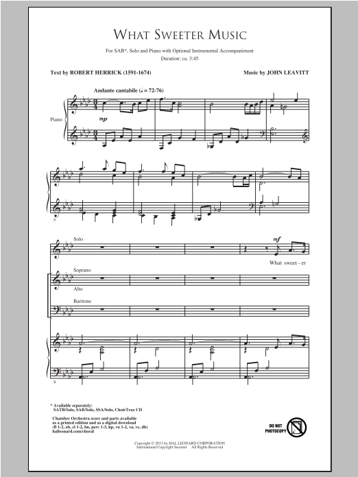John Leavitt What Sweeter Music sheet music notes and chords arranged for SAB Choir