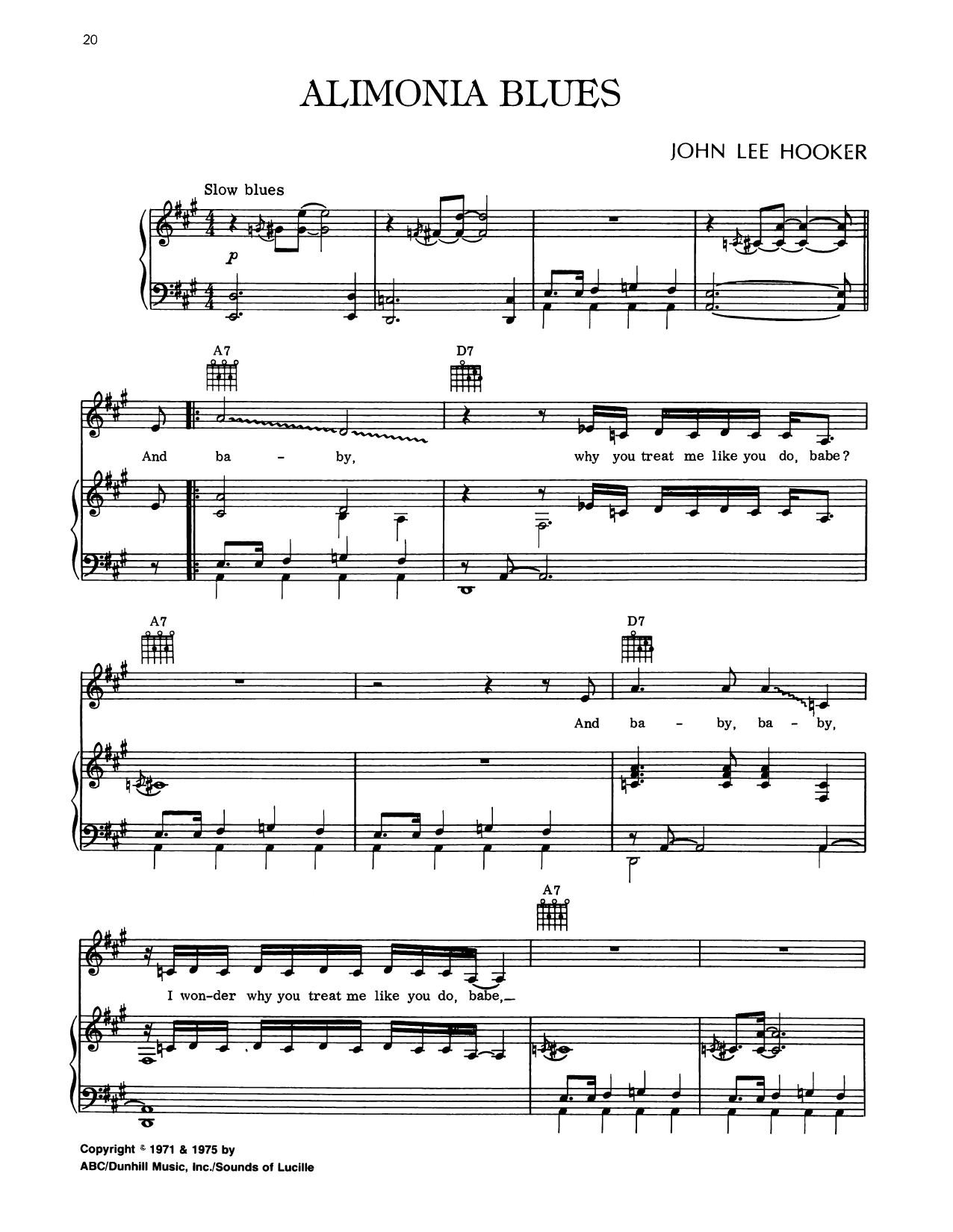 John Lee Hooker Alimonia Blues sheet music notes and chords arranged for Piano, Vocal & Guitar Chords (Right-Hand Melody)