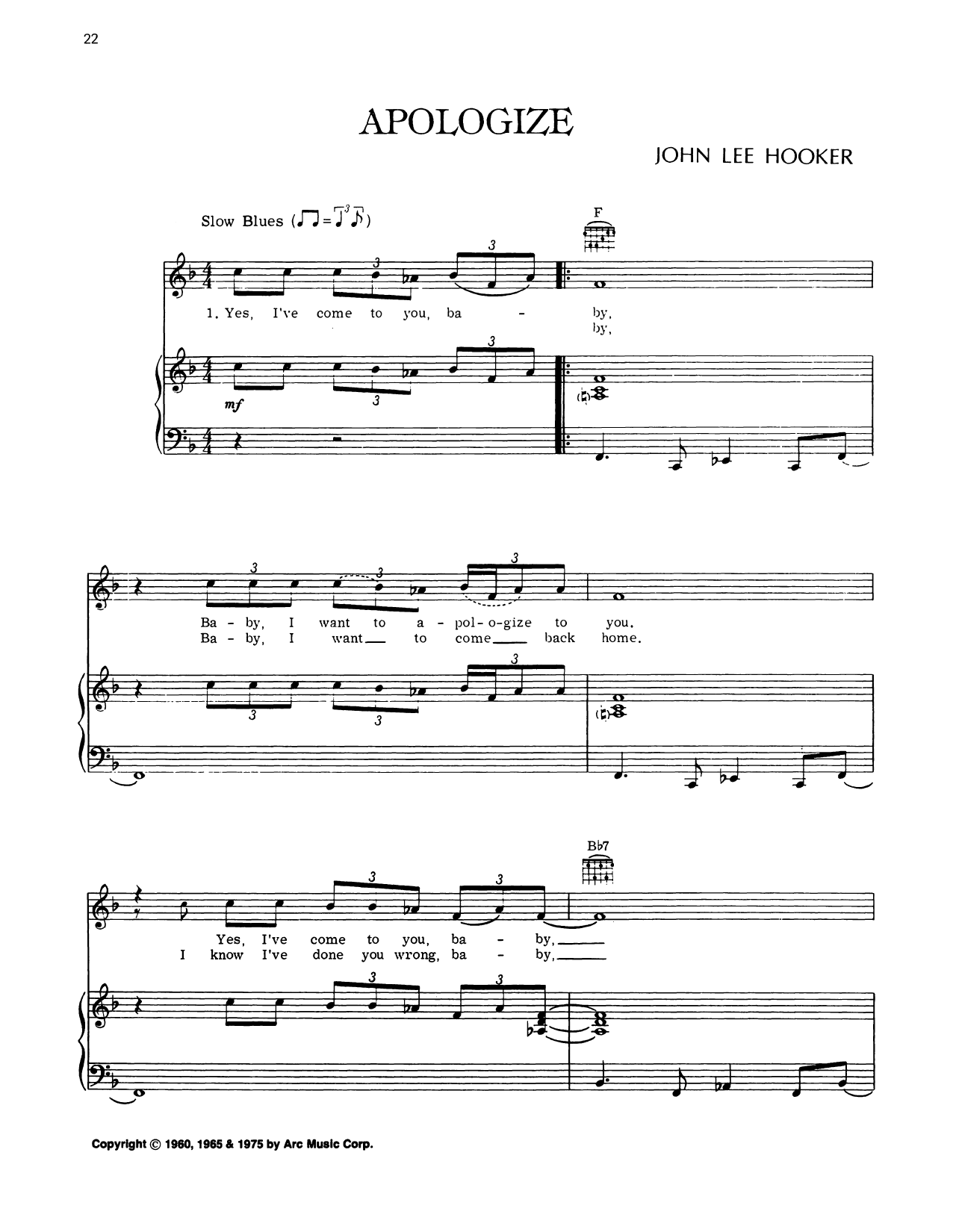 John Lee Hooker Apologize sheet music notes and chords arranged for Piano, Vocal & Guitar Chords (Right-Hand Melody)