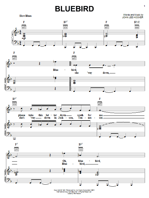 John Lee Hooker Bluebird sheet music notes and chords arranged for Piano, Vocal & Guitar Chords (Right-Hand Melody)