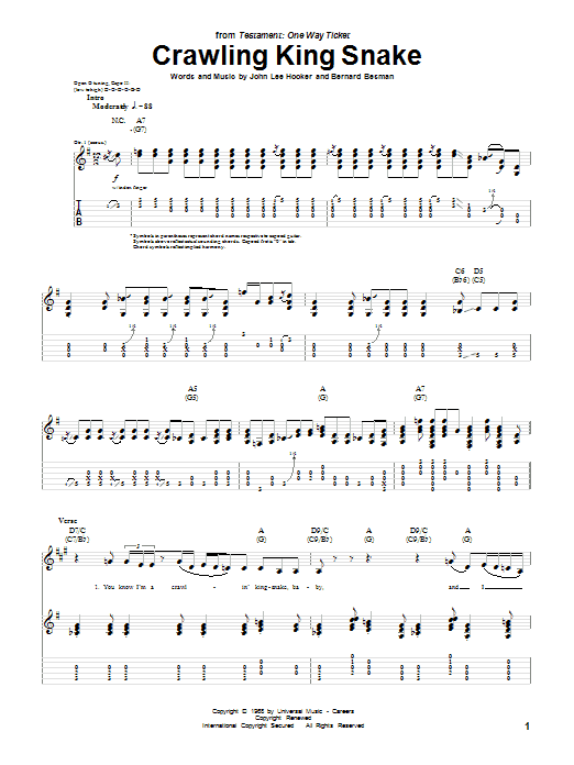 John Lee Hooker Crawling King Snake sheet music notes and chords arranged for Guitar Tab