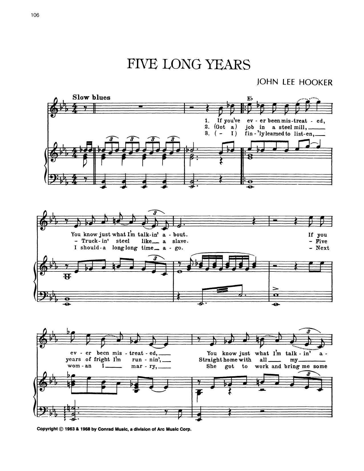 John Lee Hooker Five Long Years sheet music notes and chords arranged for Piano, Vocal & Guitar Chords (Right-Hand Melody)