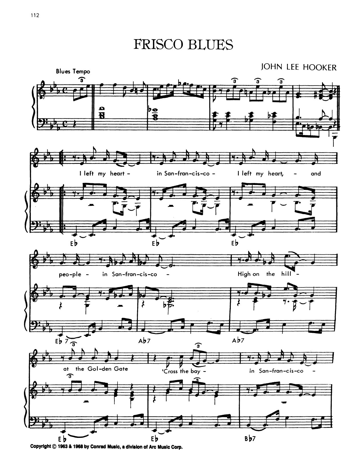 John Lee Hooker Frisco Blues sheet music notes and chords arranged for Piano, Vocal & Guitar Chords (Right-Hand Melody)