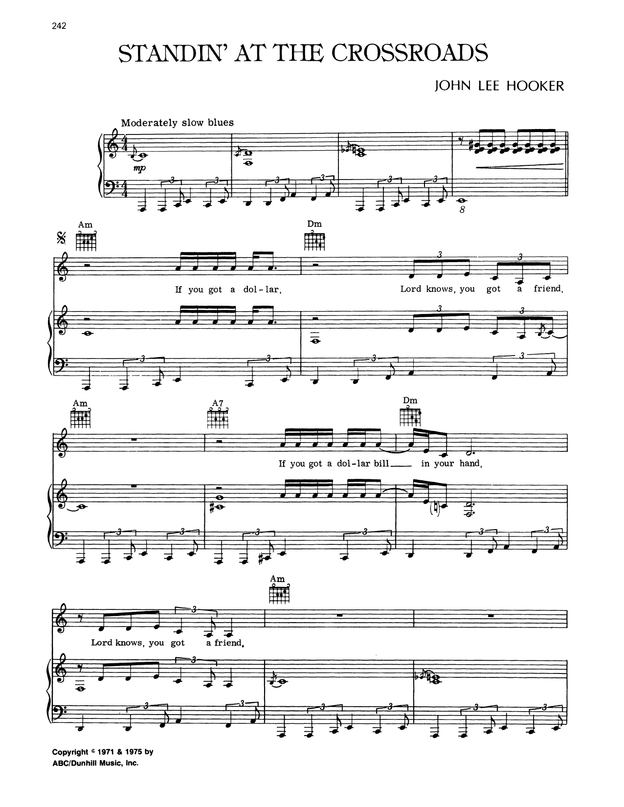 John Lee Hooker Standing At The Crossroads sheet music notes and chords arranged for Piano, Vocal & Guitar Chords (Right-Hand Melody)