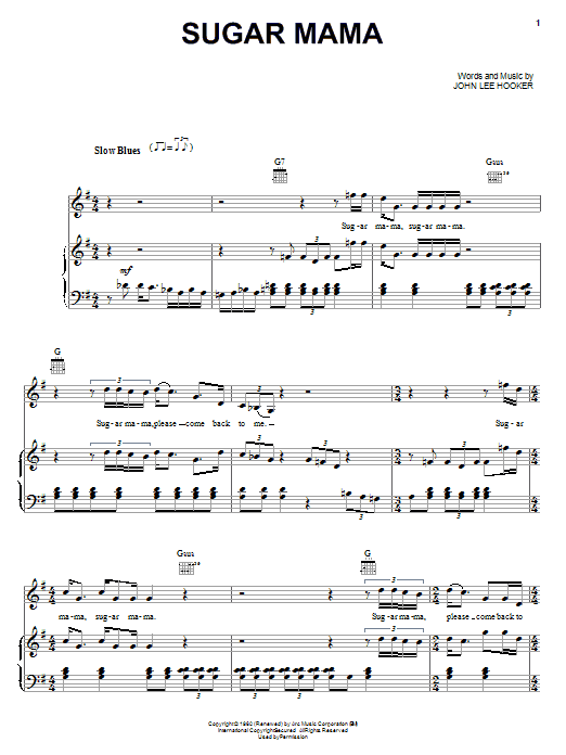 John Lee Hooker Sugar Mama sheet music notes and chords arranged for Piano, Vocal & Guitar Chords (Right-Hand Melody)