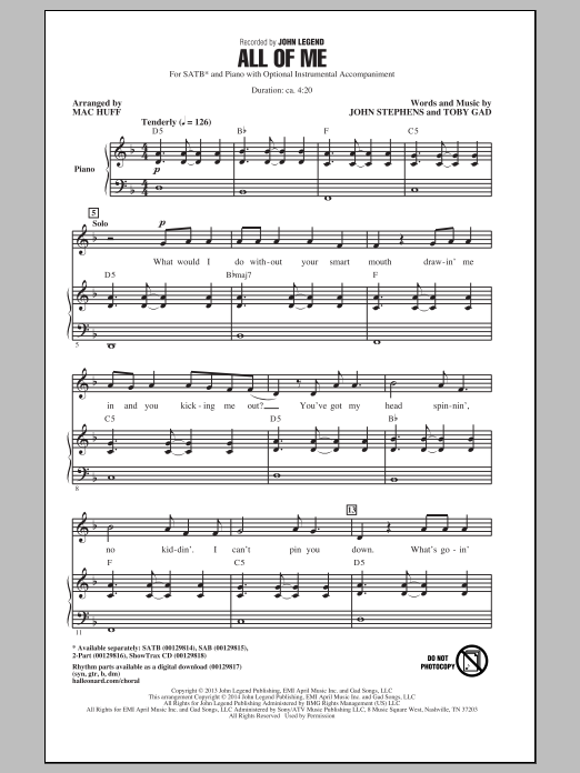 John Legend All Of Me (arr. Mac Huff) sheet music notes and chords arranged for 2-Part Choir
