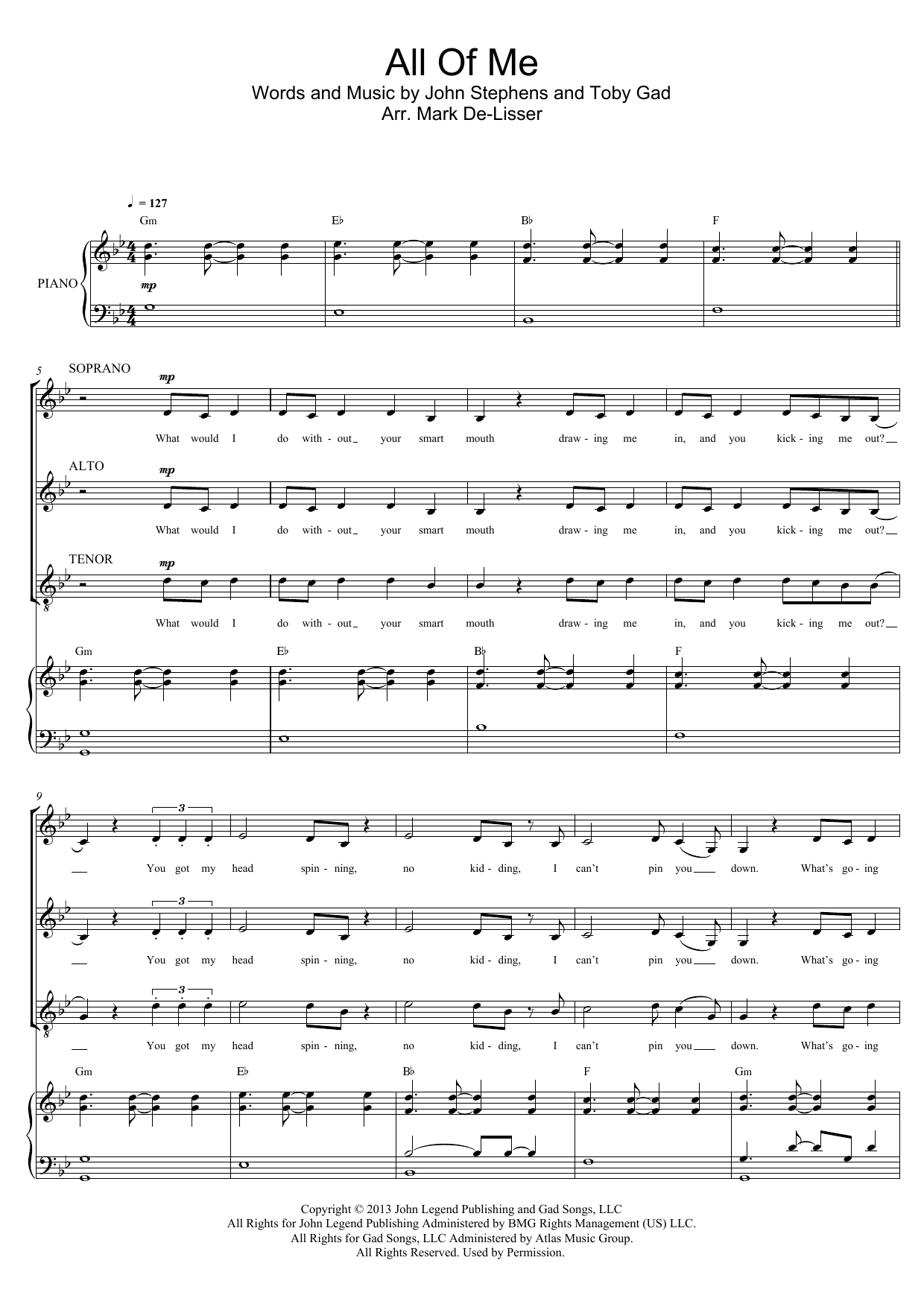 John Legend All Of Me (arr. Mark De-Lisser) sheet music notes and chords arranged for SAT Choir