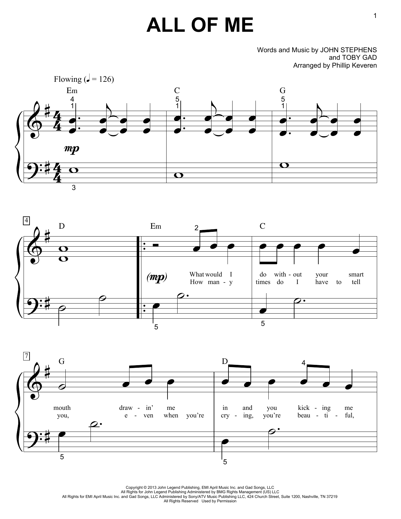 John Legend All Of Me (arr. Phillip Keveren) sheet music notes and chords arranged for Big Note Piano