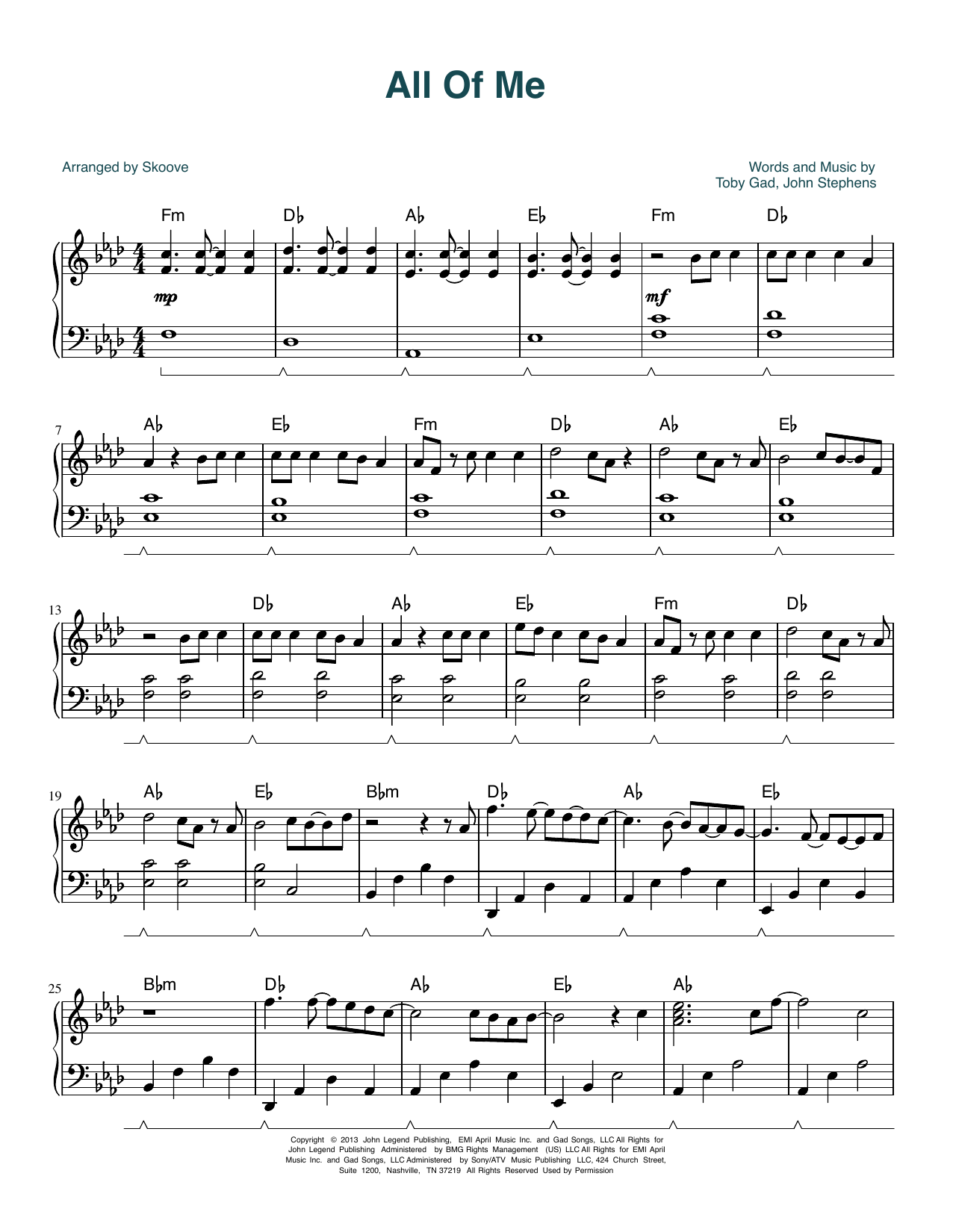 John Legend All Of Me (arr. Skoove) sheet music notes and chords arranged for Piano Solo