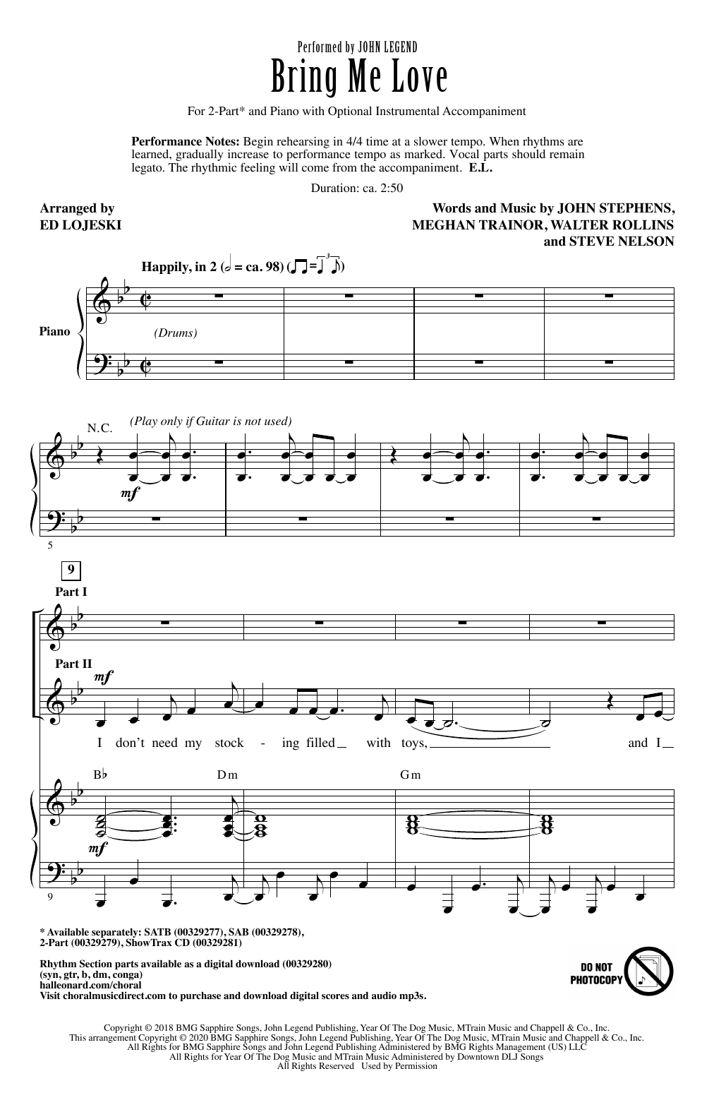 John Legend Bring Me Love (arr. Ed Lojeski) sheet music notes and chords arranged for 2-Part Choir