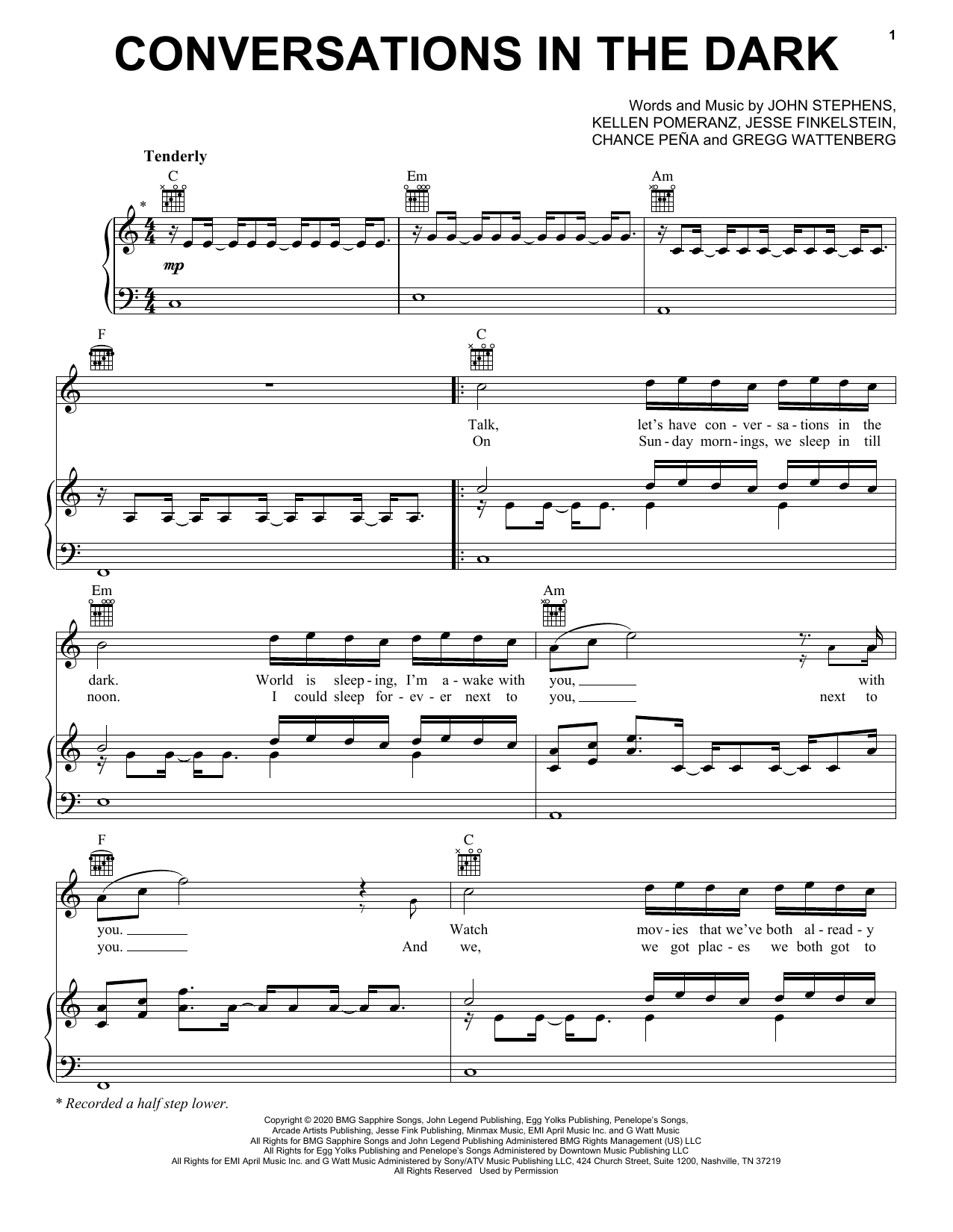 John Legend Conversations In The Dark sheet music notes and chords arranged for Piano, Vocal & Guitar Chords (Right-Hand Melody)