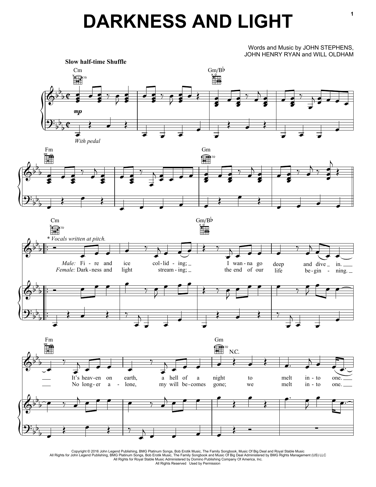 John Legend Darkness And Light sheet music notes and chords arranged for Piano, Vocal & Guitar Chords (Right-Hand Melody)