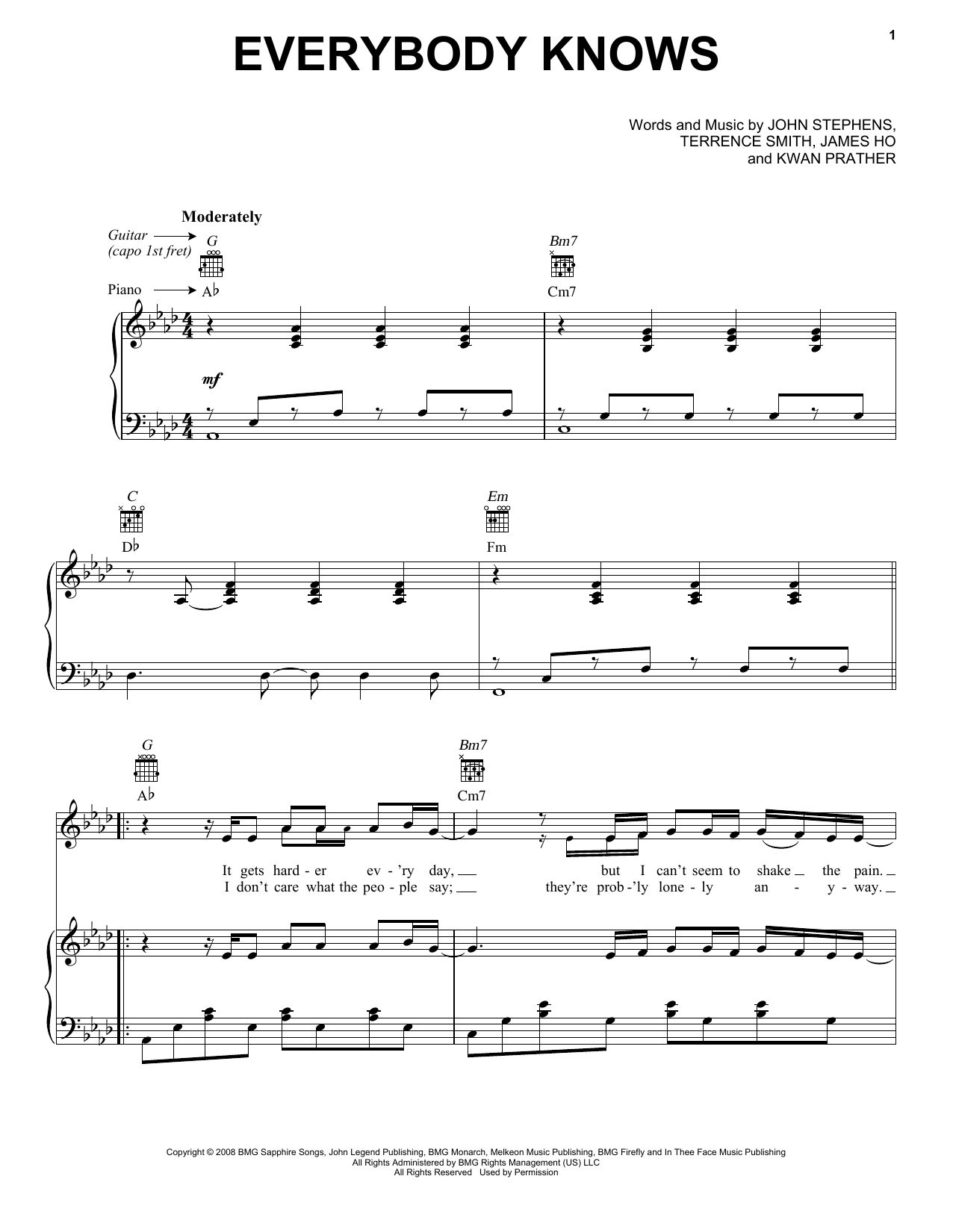 John Legend Everybody Knows sheet music notes and chords arranged for Easy Piano