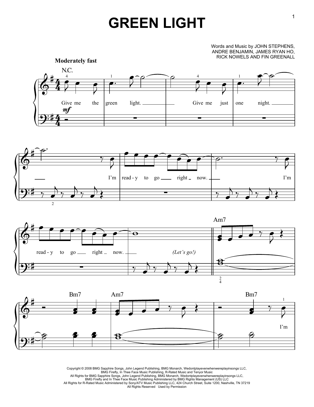 John Legend featuring Andre 3000 Green Light sheet music notes and chords arranged for Easy Piano