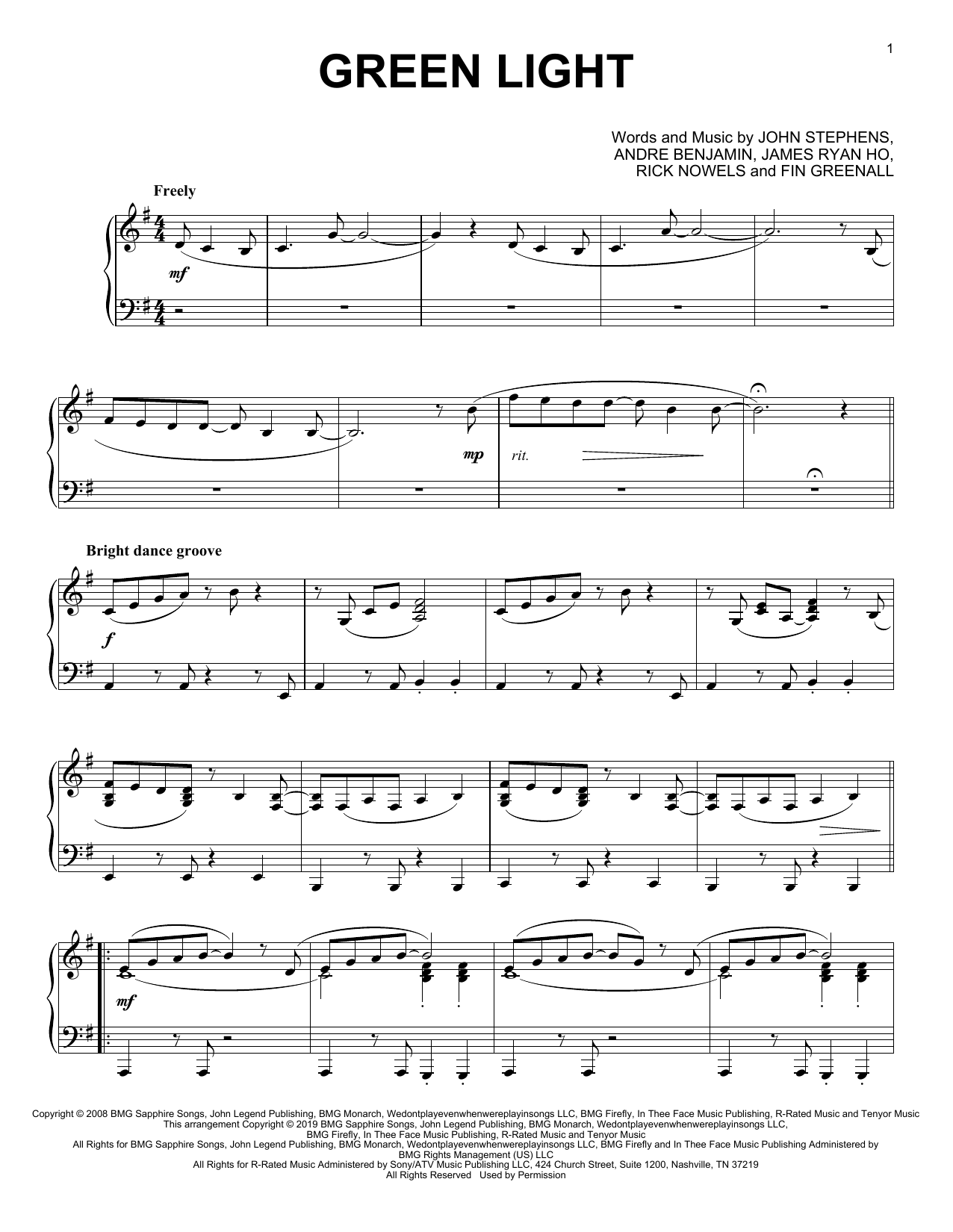 John Legend Green Light (feat. Andre 3000) sheet music notes and chords arranged for Piano Solo