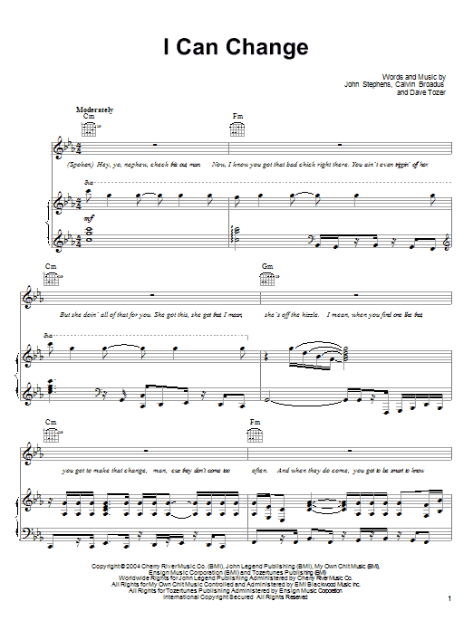 John Legend I Can Change sheet music notes and chords arranged for Piano, Vocal & Guitar Chords (Right-Hand Melody)