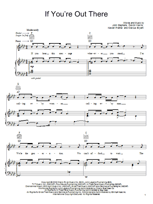 John Legend If You're Out There sheet music notes and chords arranged for Piano, Vocal & Guitar Chords (Right-Hand Melody)