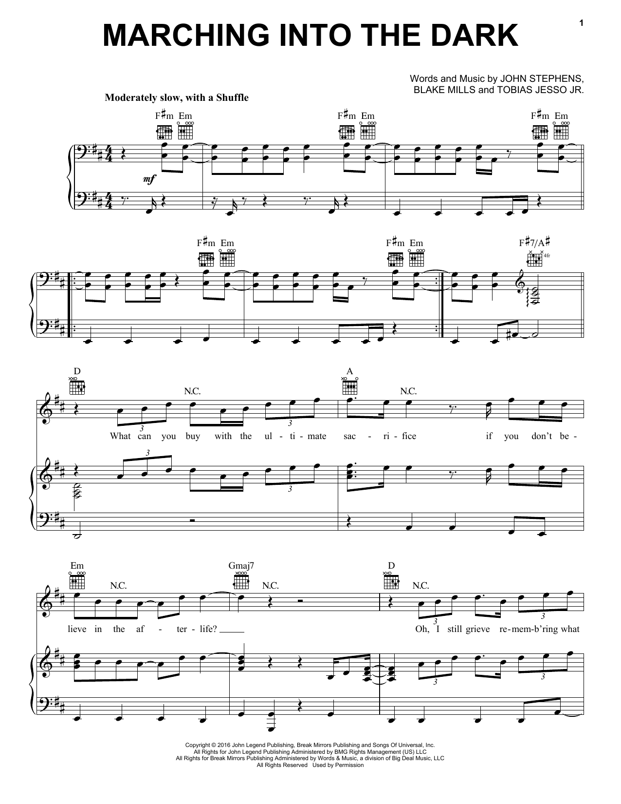John Legend Marching Into The Dark sheet music notes and chords arranged for Piano, Vocal & Guitar Chords (Right-Hand Melody)