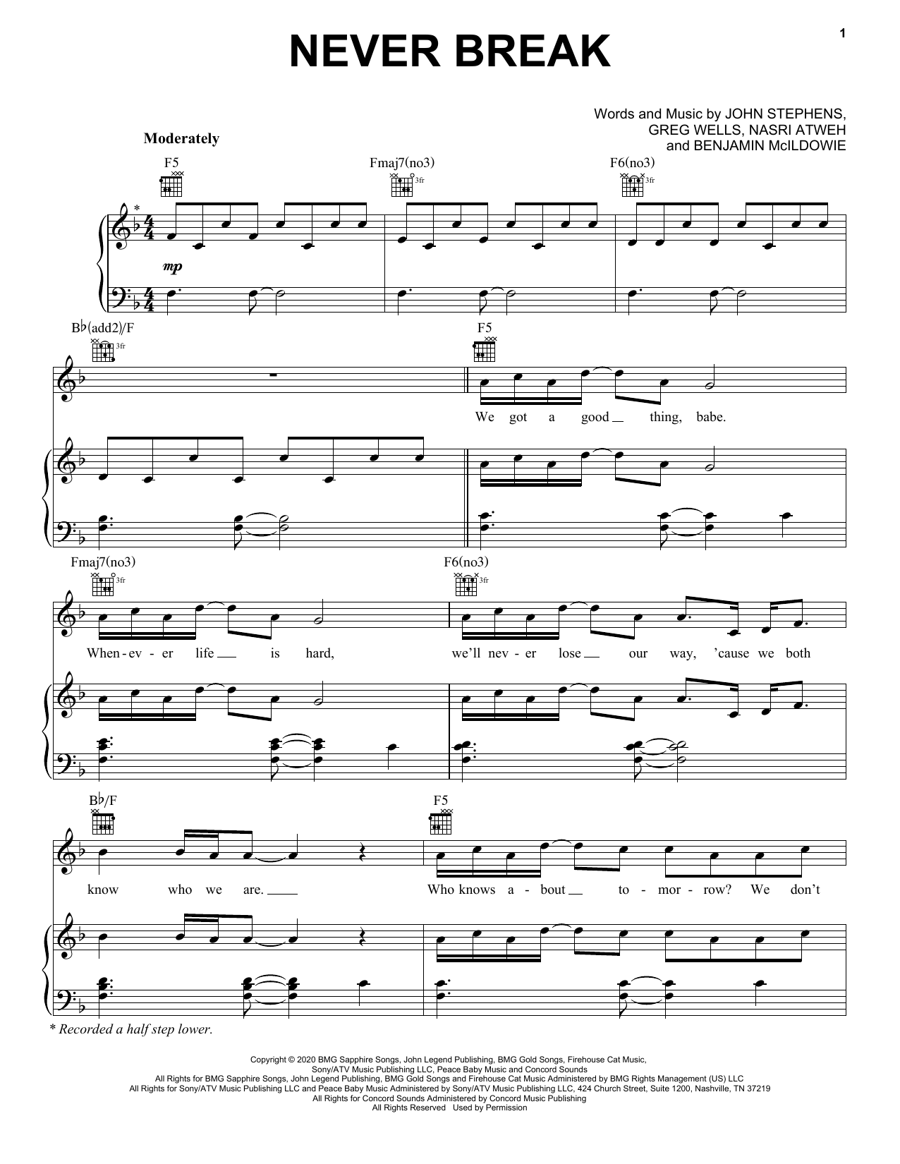 John Legend Never Break sheet music notes and chords arranged for Piano, Vocal & Guitar Chords (Right-Hand Melody)