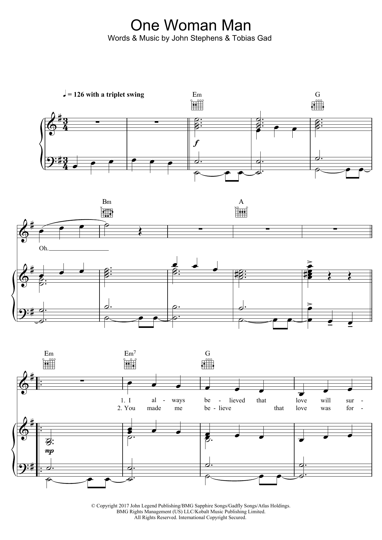 John Legend One Woman Man sheet music notes and chords arranged for Piano, Vocal & Guitar Chords