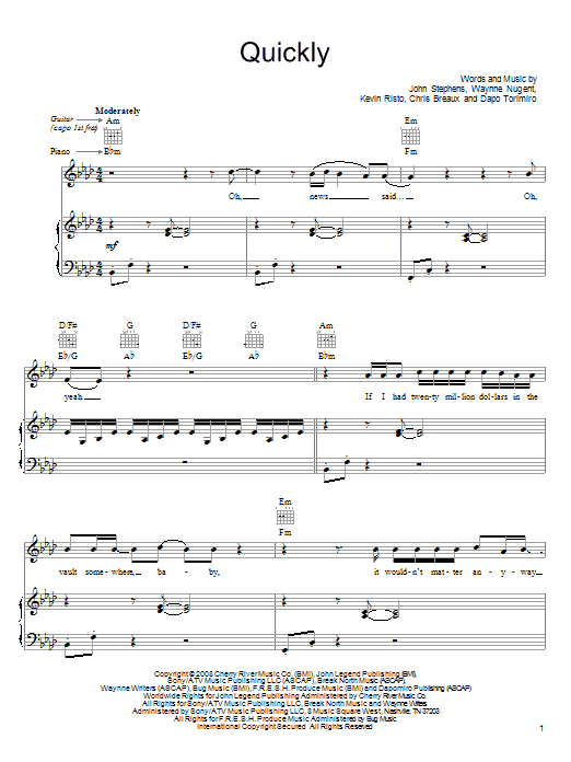 John Legend Quickly sheet music notes and chords arranged for Piano, Vocal & Guitar Chords (Right-Hand Melody)