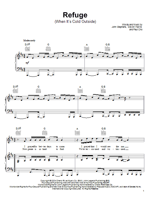 John Legend Refuge (When It's Cold Outside) sheet music notes and chords arranged for Piano, Vocal & Guitar Chords (Right-Hand Melody)