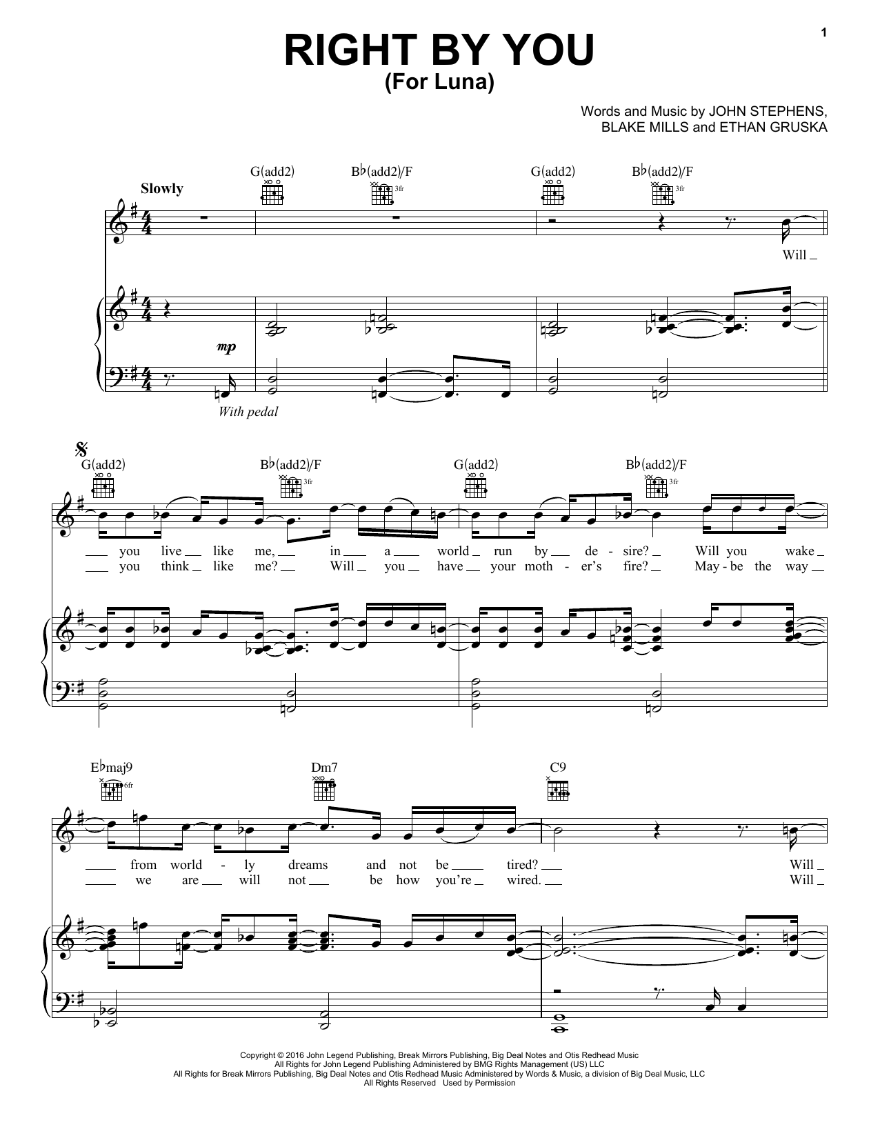 John Legend Right By You (For Luna) sheet music notes and chords arranged for Piano, Vocal & Guitar Chords (Right-Hand Melody)