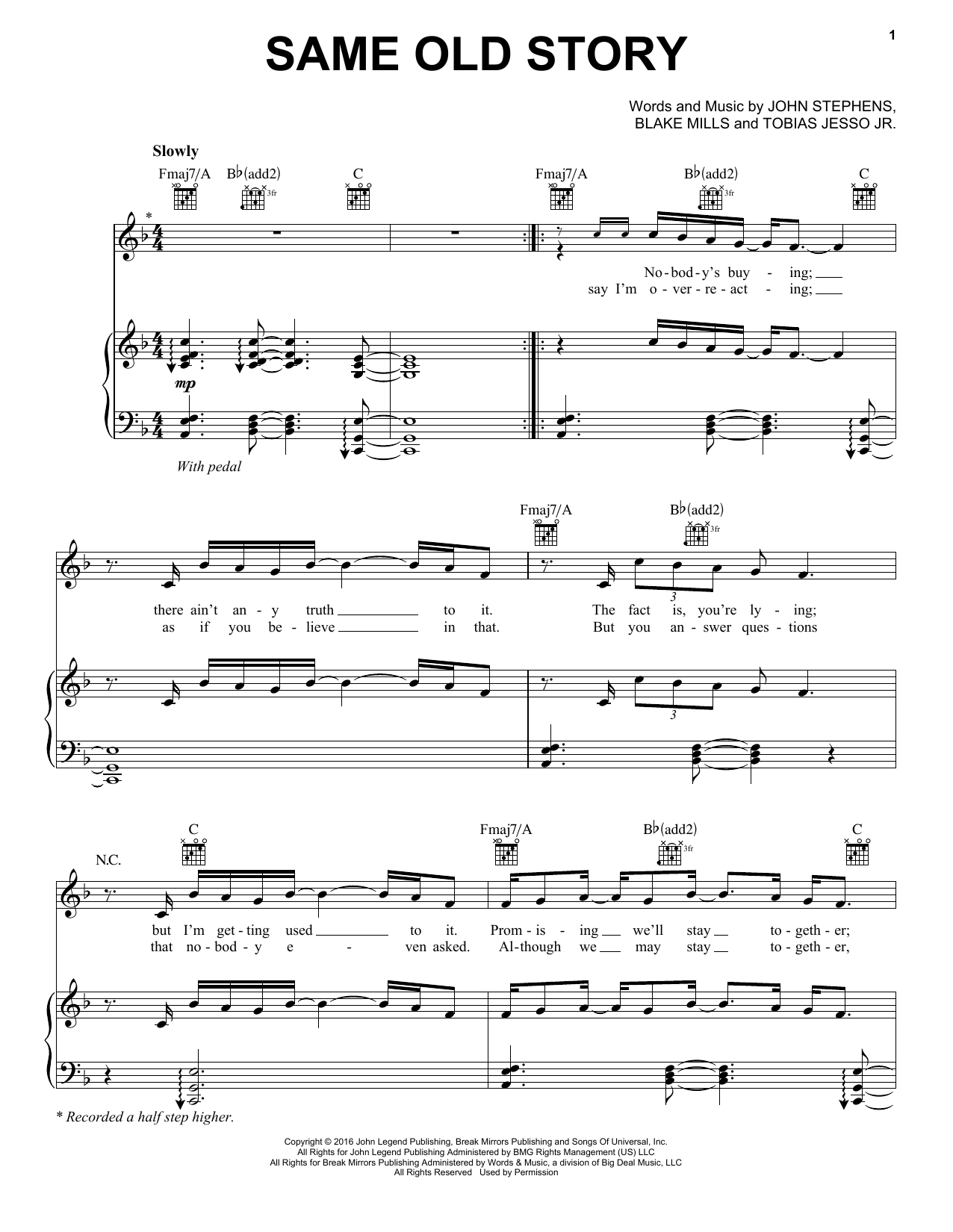 John Legend Same Old Story sheet music notes and chords arranged for Piano, Vocal & Guitar Chords (Right-Hand Melody)