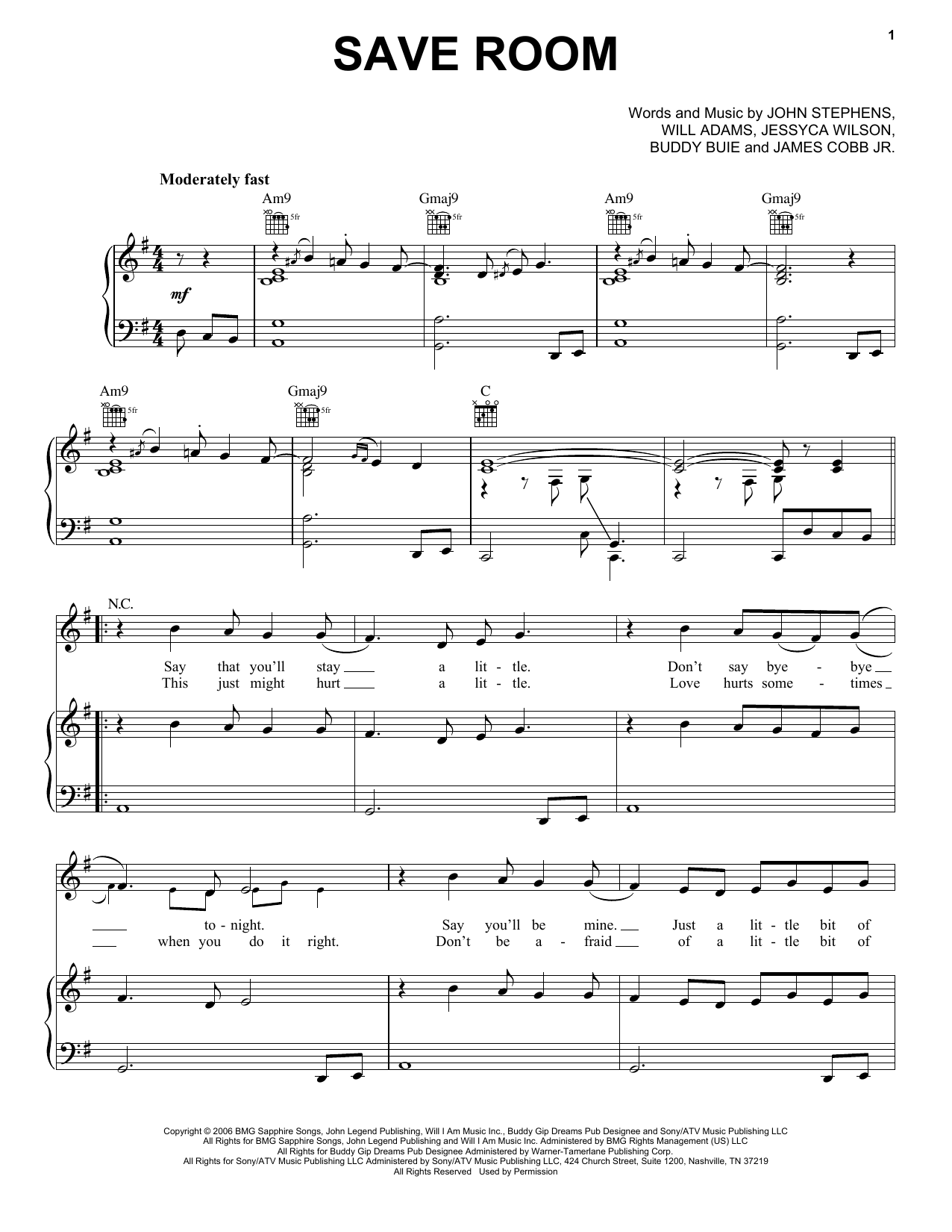 John Legend Save Room sheet music notes and chords arranged for Piano, Vocal & Guitar Chords (Right-Hand Melody)